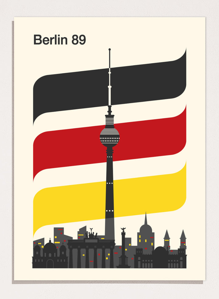 A minimalist travel poster for Berlin 1989, featuring the Fernsehturm TV tower and city skyline against a cream background, with stylized German flag stripes in black, white, red, and yellow. Berlin 89 German Skyline by Retrodrome travel art print featuring the Fernsehturm, Berlin skyline, German flag colors, and bold retro poster design.