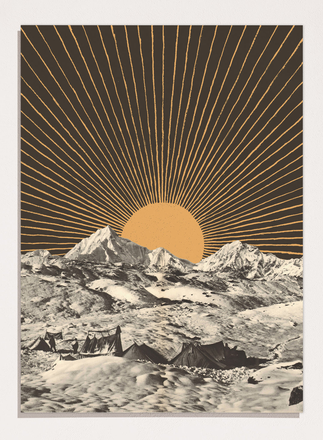 Mountain landscape with a sunburst design in the sky. Mountain Base Camp Sunrise by Florent Bodart is a modern landscape art print with mountains and sunrise rays, a vintage-inspired wall poster with bold graphic contrast.