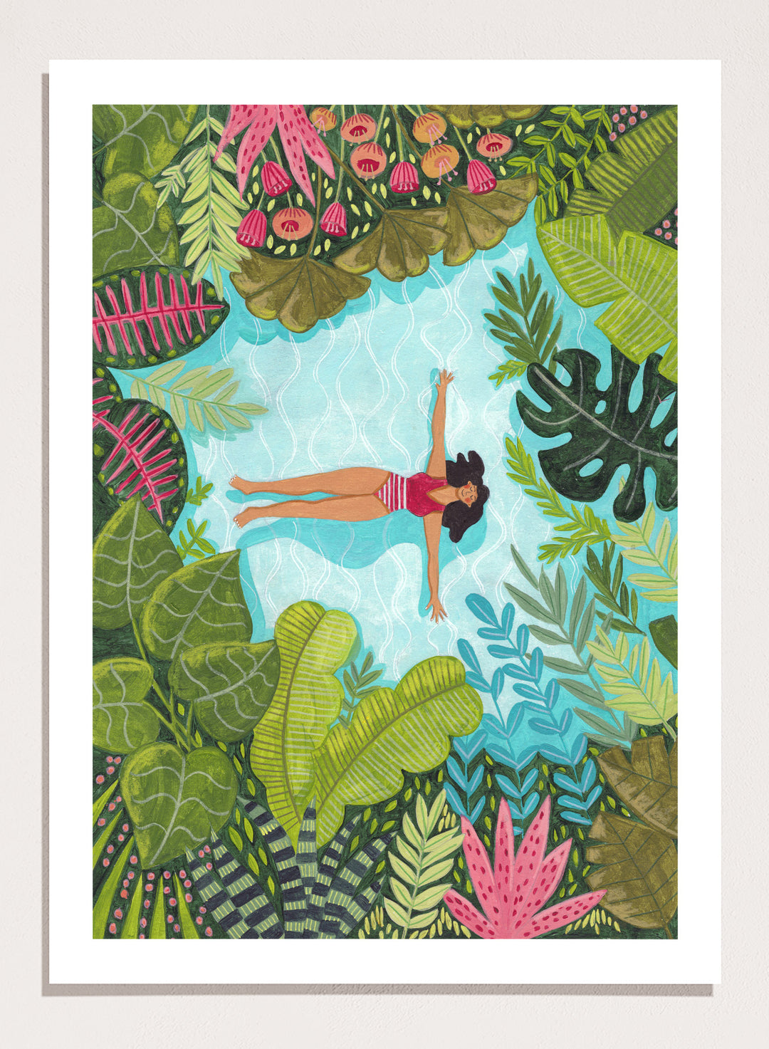 Illustration of a woman swimming in a pool surrounded by tropical plants. Tropical Pool Relaxation by Caroline Bonne Müller is a fine art print and wall poster of a woman floating in a pool surrounded by tropical plants.