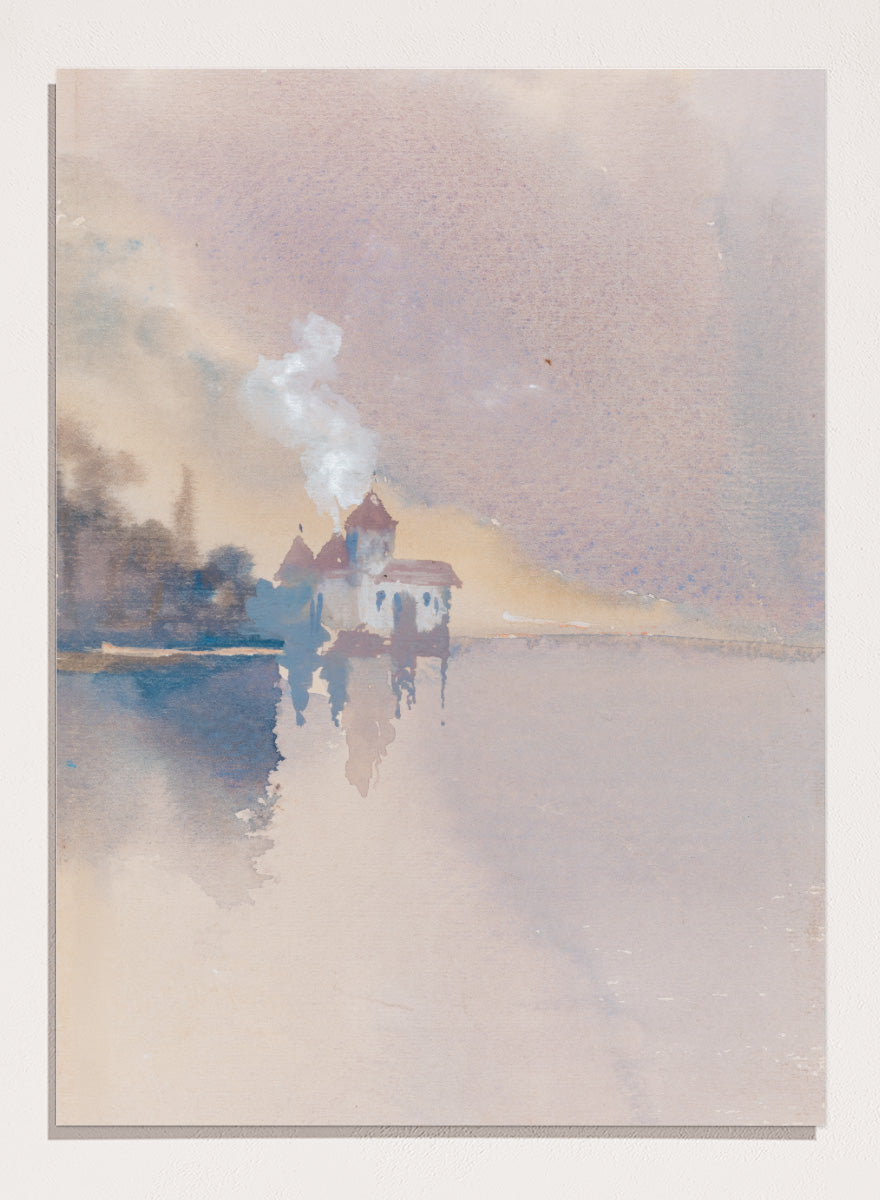 A framed watercolor landscape painting depicting a small white house with a smoking chimney on a calm lake, rendered in soft pastel tones of beige, lavender, blue, and gray. Château de Chillon by Hercules Brabazon Brabazon is a vintage watercolor art print featuring the Swiss castle, Lake Geneva, and soft pastel tones.