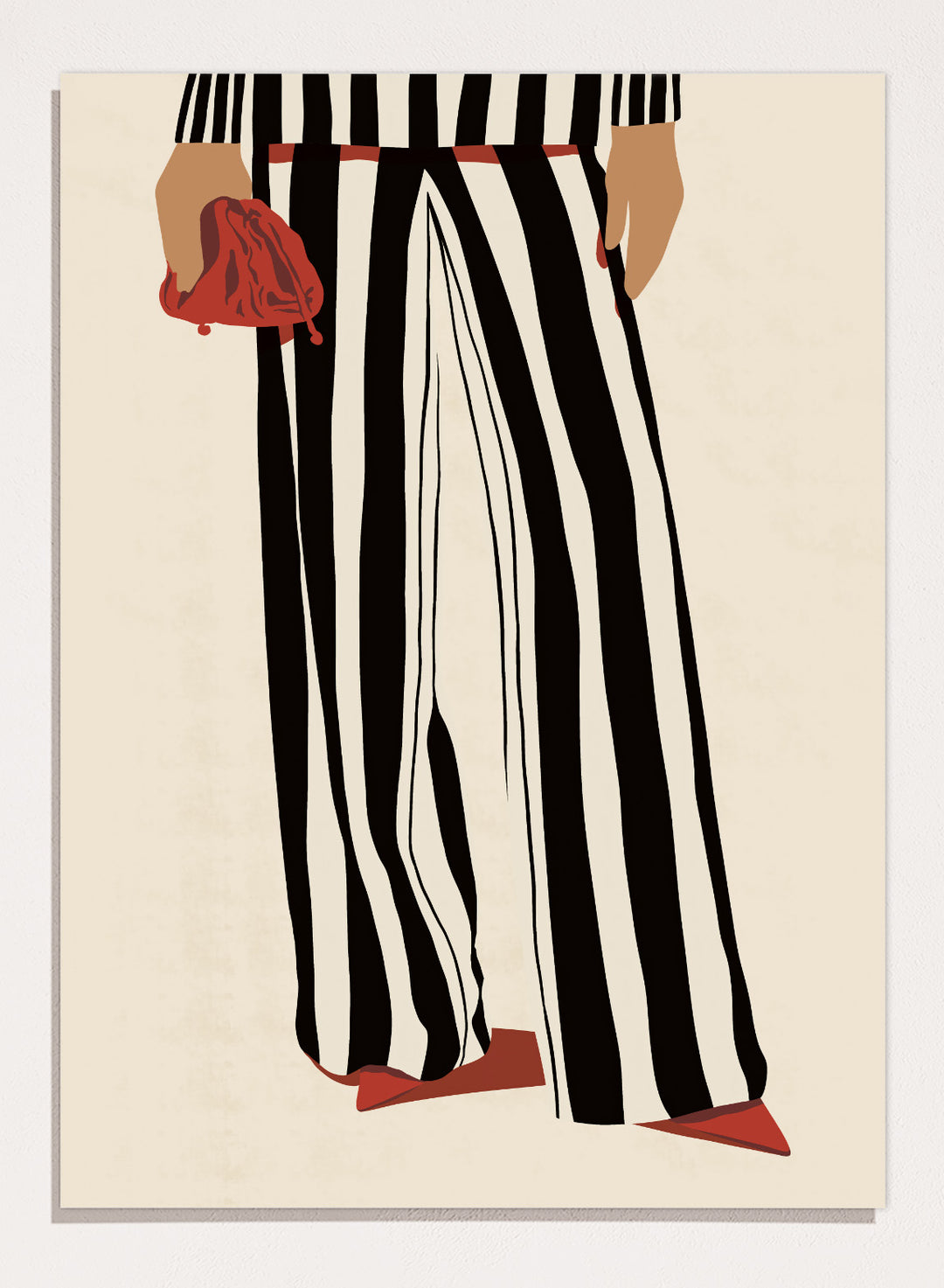 Fashion illustration of a person from the waist down wearing black and white vertically striped wide-leg trousers, with a red belt, red pointed shoes, and holding a red clutch against a cream background. Red Heels and Stripes by Lisa Solomoniuk premium framed fine art print featuring bold black-and-white stripes, pointed red heels, and a matching bag.