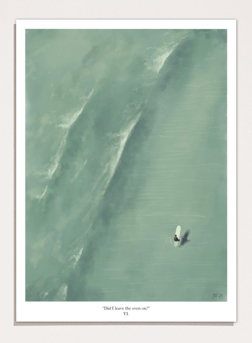 A framed art print featuring a minimalist aerial illustration of a surfer on a large wave, with the caption &