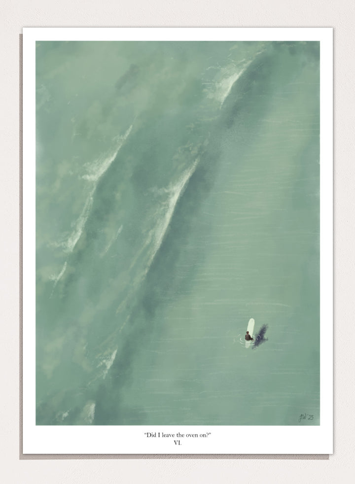 A framed art print featuring a minimalist aerial illustration of a surfer on a large wave, with the caption &