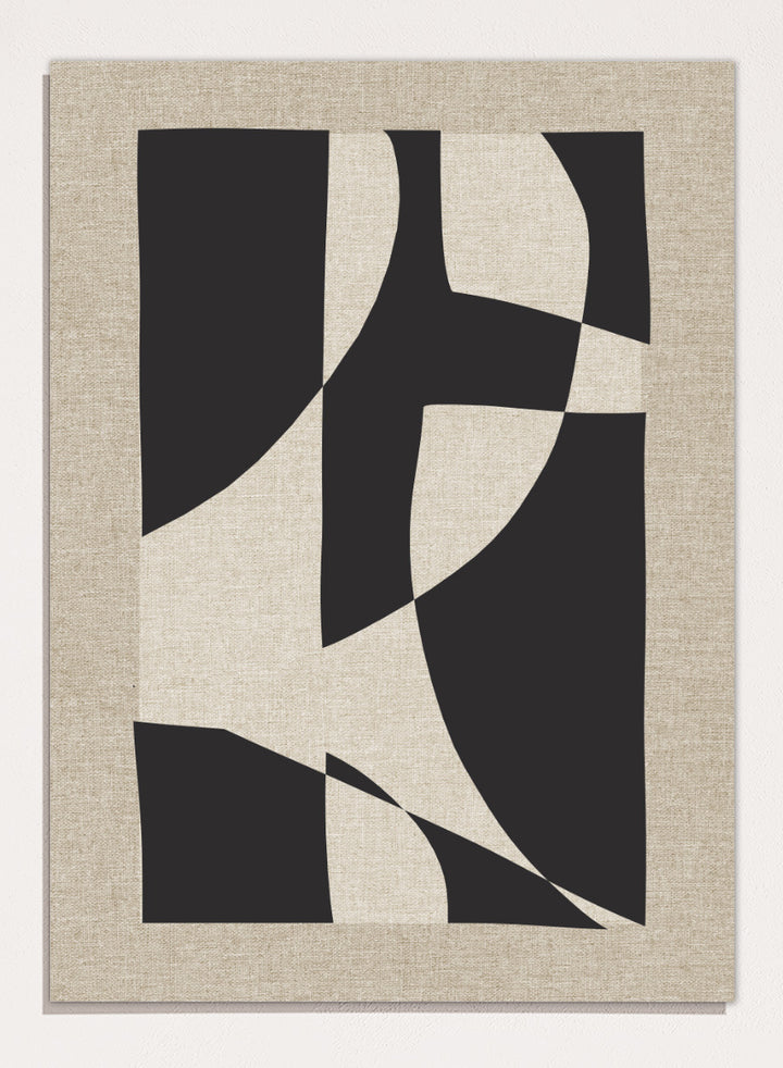Abstract geometric wall art featuring bold black organic shapes over a warm beige linen-textured background. Shop Skära by Dan Hobday, a contemporary abstract wall art print featuring bold black geometric forms, curved shapes, and warm beige textured tones.