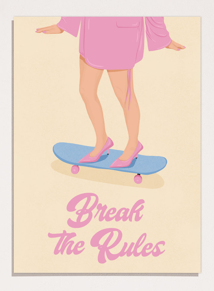A stylized poster illustration showing a person from the waist down in a pink robe and pink heels standing on a blue skateboard with the text &