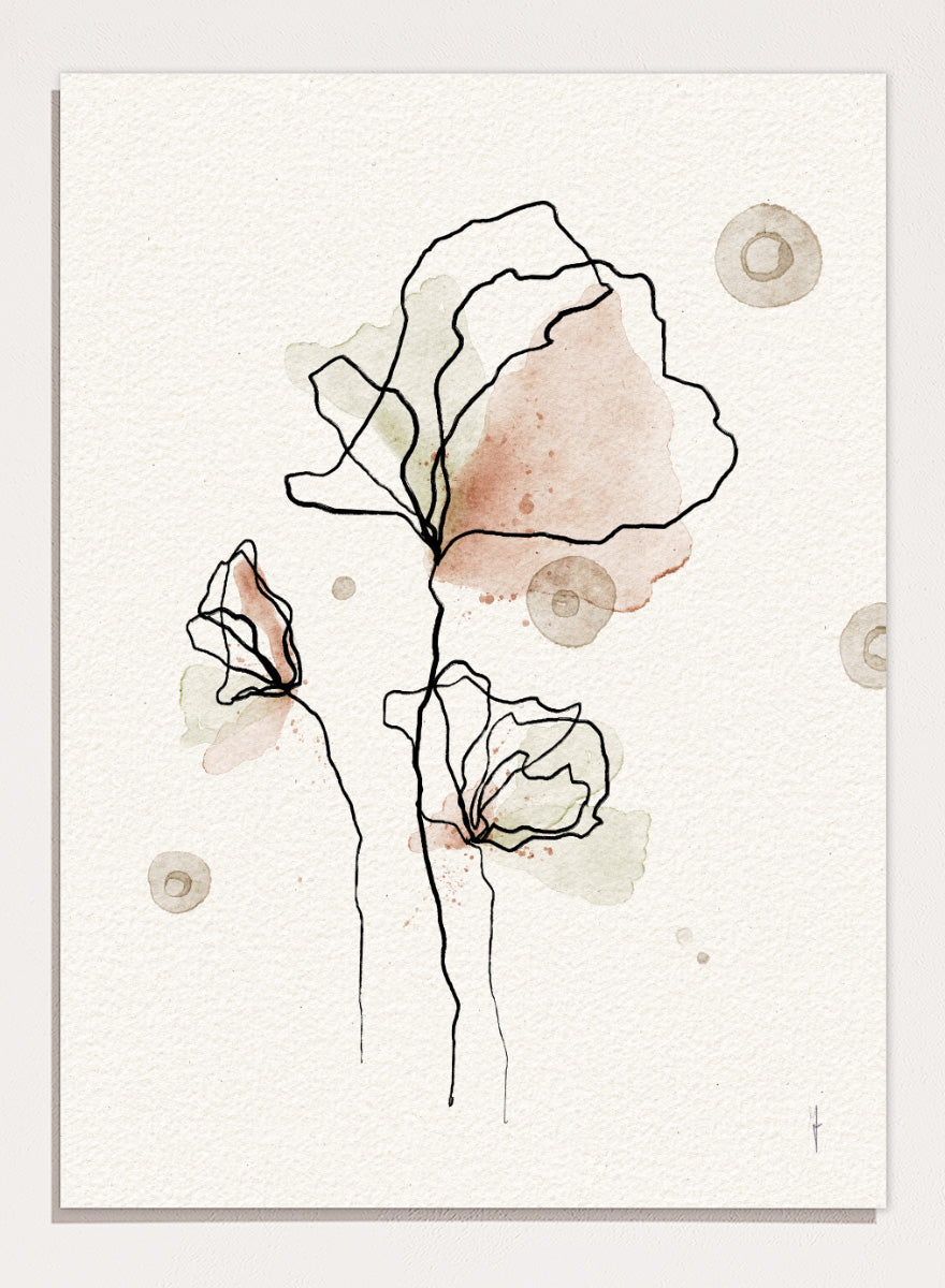 Shop Abstract Watercolor Flowers by Ankie Kooi, a floral wall art print poster with blush pink blooms, black linework, pale green washes, and soft botanical detail.