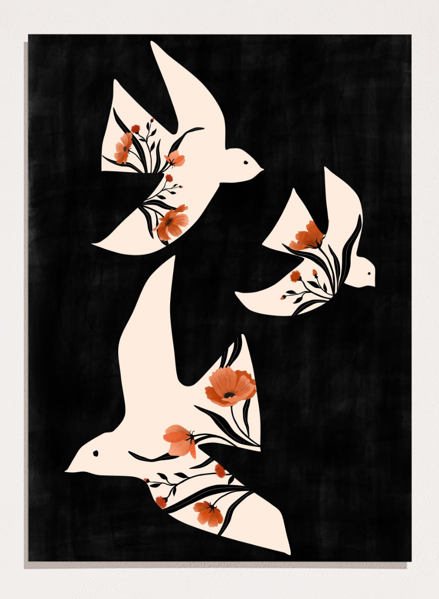 Shop Floral Dove Flight by Elena Ristova, a modern bird wall art print poster featuring cream doves filled with terracotta flowers on a black background.