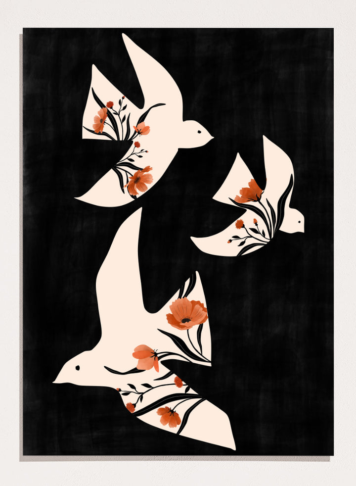 Shop Floral Dove Flight by Elena Ristova, a modern bird wall art print poster featuring cream doves filled with terracotta flowers on a black background.