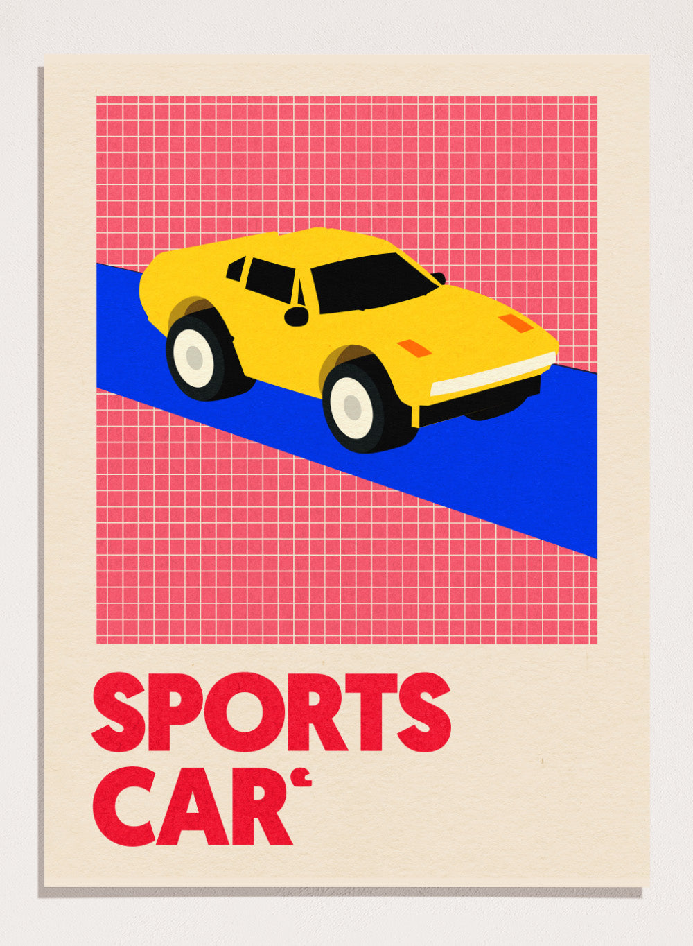 Yellow sports car on a red and blue geometric background with 'SPORTS CAR' text. Sports Car by Rosi Feist is a bold minimalist car art print featuring a bright yellow sports car and graphic typography. Officially licensed Bauhaus-inspired fine art poster with framing.
