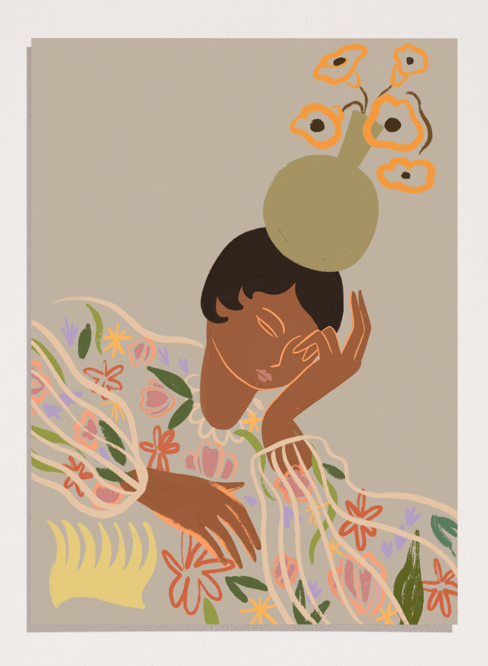 Illustration of a person with a flower on their head against a beige background. The Overthinker by Arty Guava is a modern woman illustration art print with soft florals and warm tones. Officially licensed wall poster with framing.