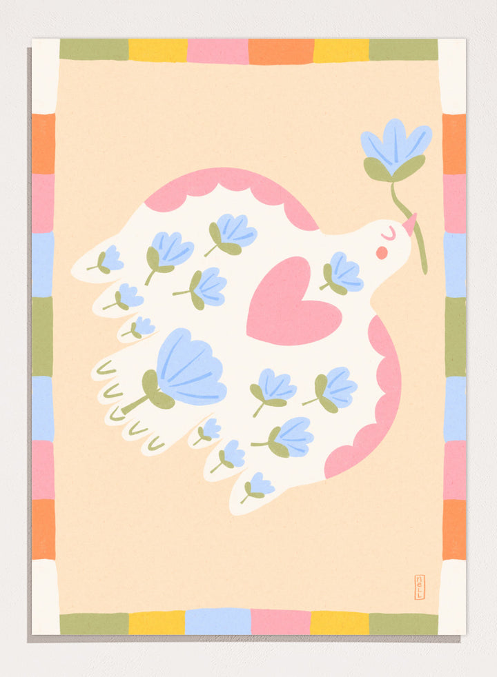 A framed art print featuring a whimsical illustration of a white dove with blue flowers and a pink heart, framed by a pastel multicolor border on a light peach background. Shop Flowering Peace Dove by Dirkie Nell, a colorful bird and floral art print featuring a white dove, blue flowers, pink wings, and a playful peace motif.