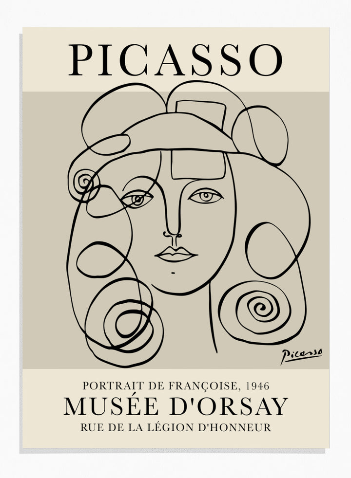 Inspired by Pablo Picasso's original line drawing artwork, this signed lithograph wall art print showcases a portrait of Francoise Gilot 1946 (Portrait de Françoise) in one line art against a white background. This vintage museum exhibition poster by Musee D'orsay is perfect for any boho, retro, or minimalist space.