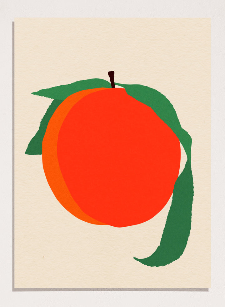 Illustration of a peach with green leaves on a beige background. Peach by Rosi Feist is a modern minimalist fruit art print with bold color and Bauhaus-inspired graphic design. Officially licensed fine art poster with framing.