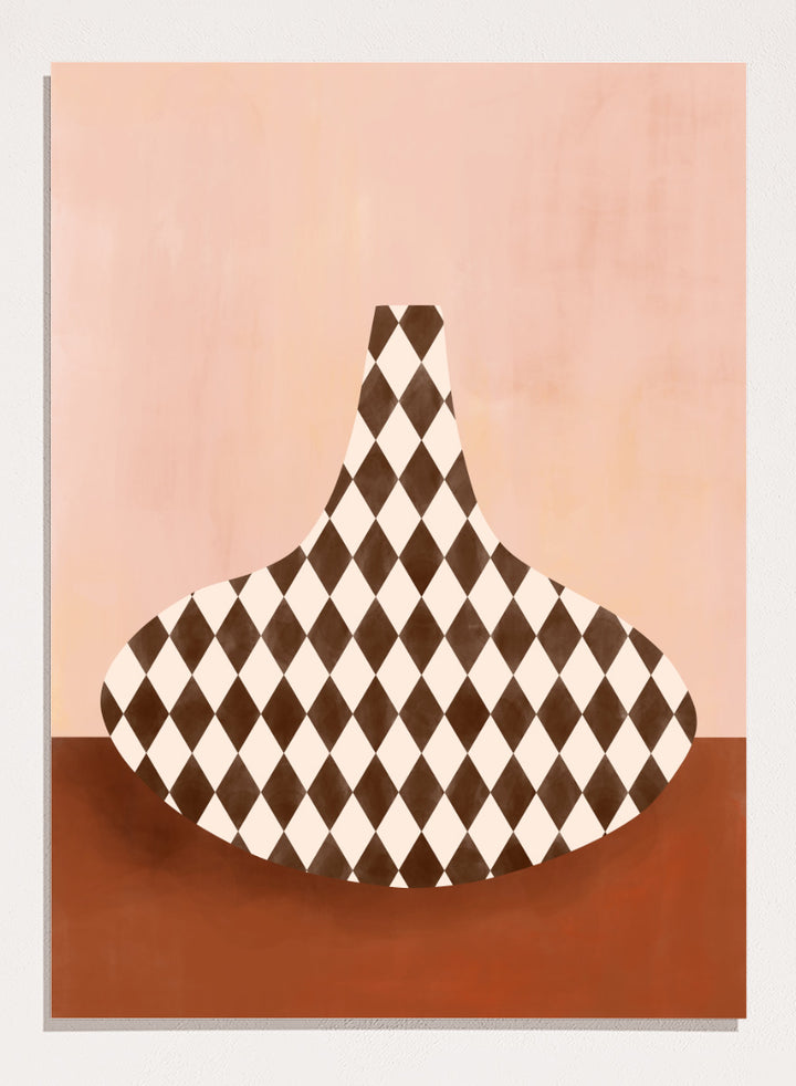 Shop Abstract Harlequin Vase by Elena Ristova, a modern wall art print poster featuring a brown-and-cream diamond vase against a soft pink background.