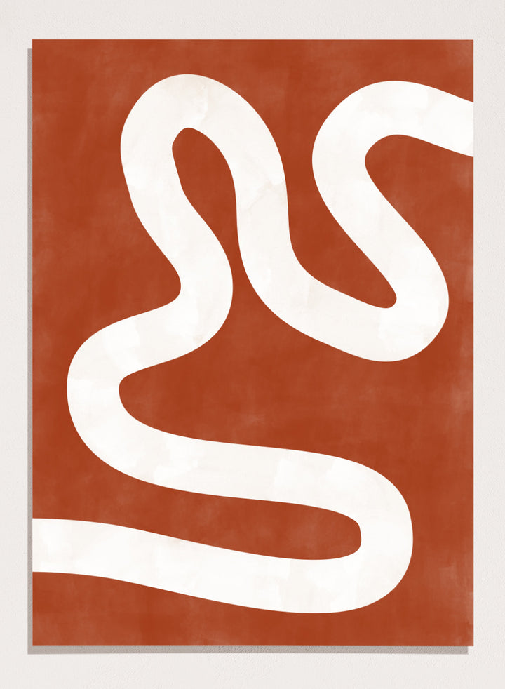 White wavy line on a red background. Crimson Pathways art print by Elena Ristova featuring a flowing white abstract line on a rust red background. Officially licensed modern abstract wall poster.