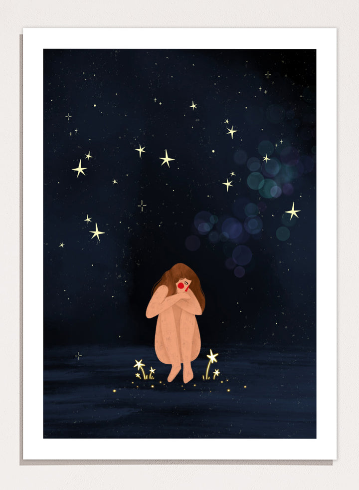 A framed art print featuring a whimsical illustration of a girl sitting on a dark blue starry night sky. Shop Starlit Solitude by Bea Müller, a figurative wall art print poster featuring a solitary woman beneath a star-filled night sky in deep blue tones.