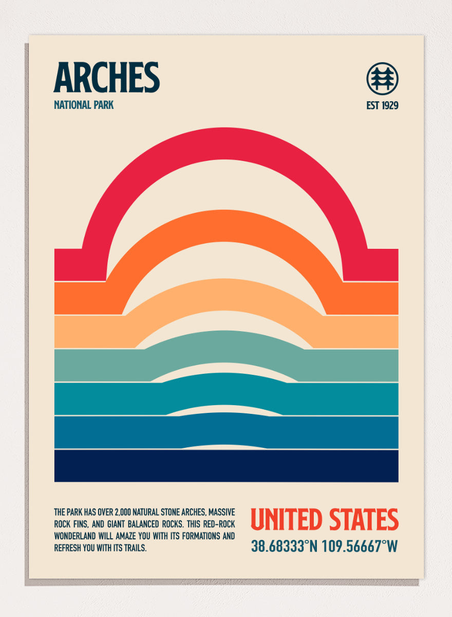 A retro-style poster for Arches National Park featuring a stylized rainbow arch made of horizontal color bands on a cream background, with the text &