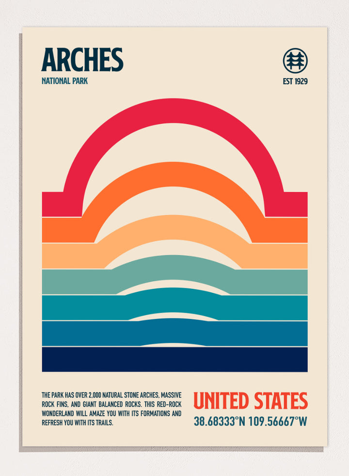 A retro-style poster for Arches National Park featuring a stylized rainbow arch made of horizontal color bands on a cream background, with the text &
