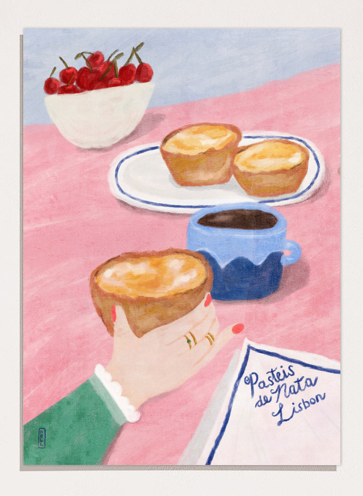 A stylized illustrated scene showing a hand holding a pastry, with two pastries on a plate, a cup of coffee, a bowl of cherries, and a napkin reading &