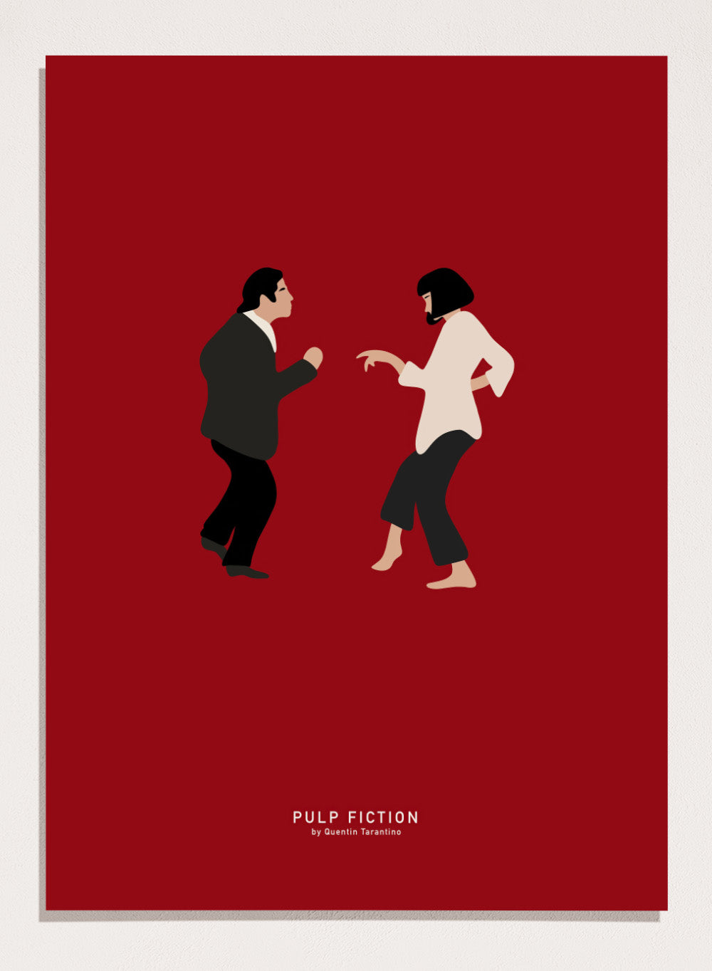 Minimalist illustration of two characters facing each other on a red background with 'Pulp Fiction' text. Minimalist dance illustration of two figures on a red background by Anne-Marie Volfova. Officially licensed modern art print with optional framing.