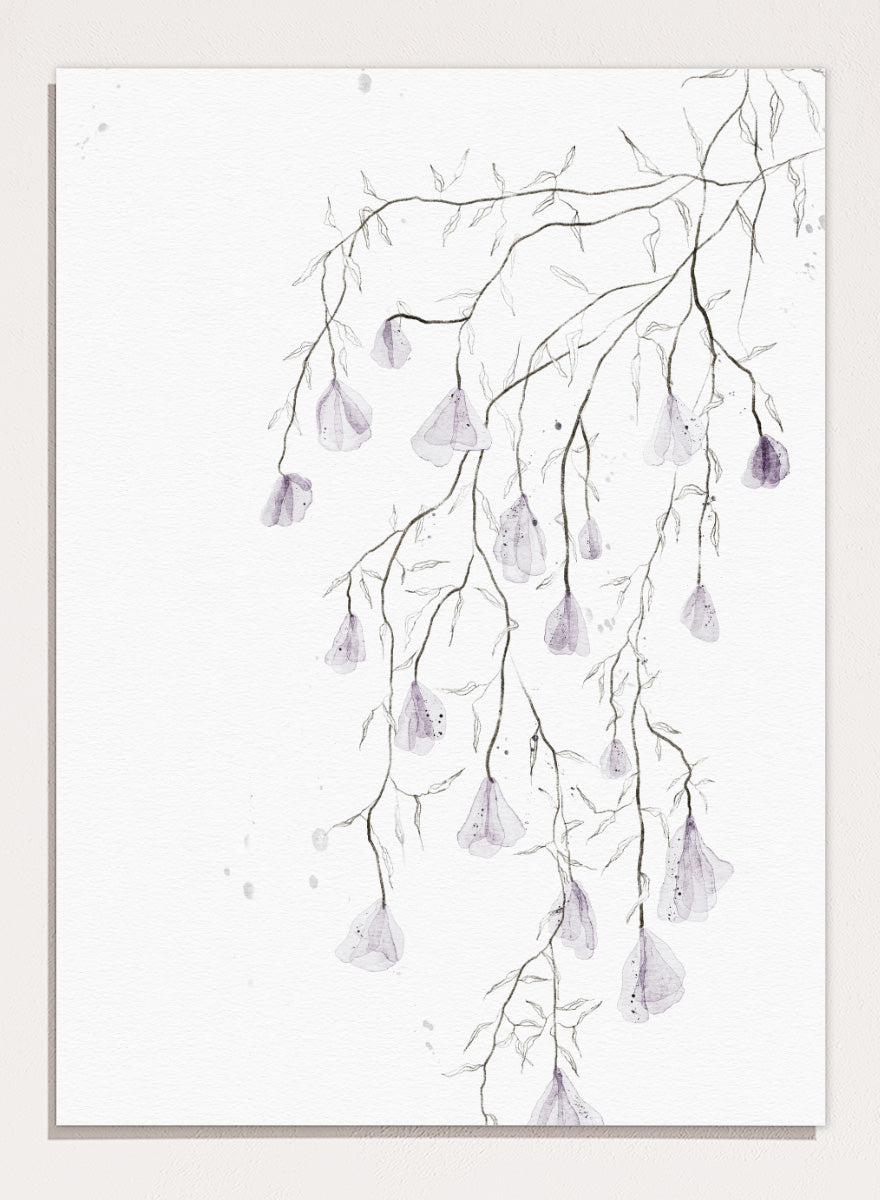 A framed watercolor art print depicting delicate, thin branches with small hanging lavender-purple bell-shaped flowers on a white background. Shop Delicate Lavender Cascade by Ankie Kooi, a floral wall art print poster with hanging lavender flowers, botanical branches, and soft watercolor detail.