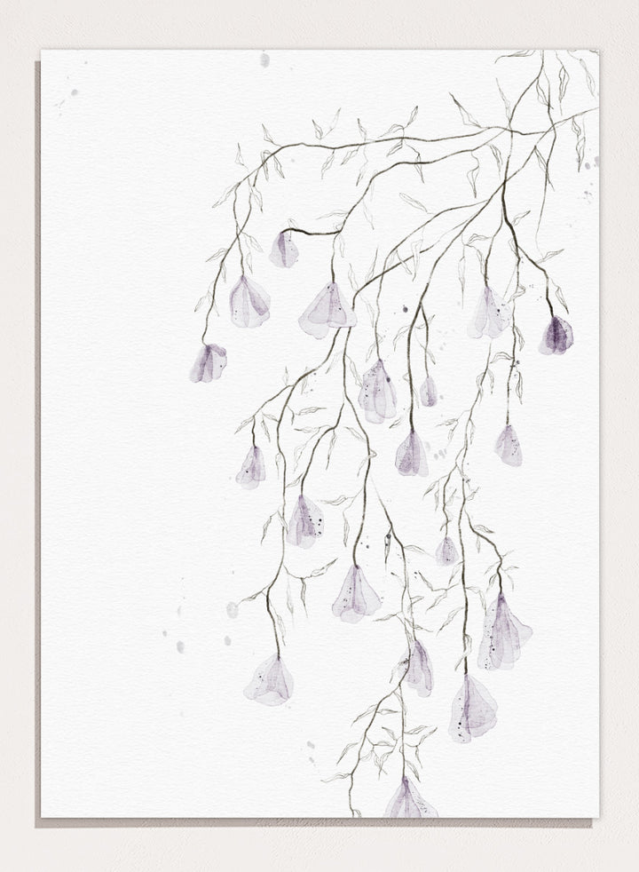 A framed watercolor art print depicting delicate, thin branches with small hanging lavender-purple bell-shaped flowers on a white background. Shop Delicate Lavender Cascade by Ankie Kooi, a floral wall art print poster with hanging lavender flowers, botanical branches, and soft watercolor detail.
