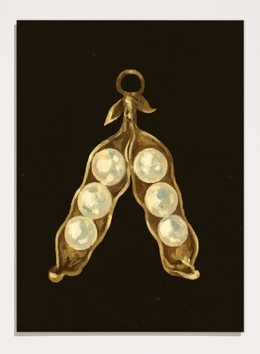 Shop Golden Pea Pod Pearls Ornament by NKTN, a whimsical Christmas wall art print poster featuring golden pea pods, pearl-like peas, and vintage ornament style.