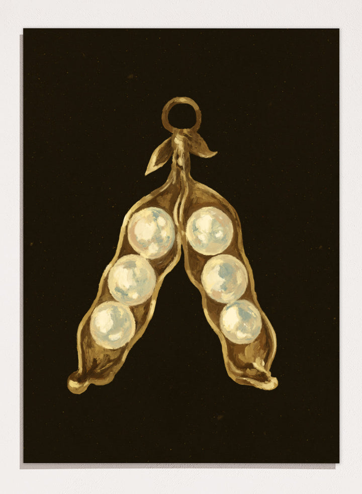 Shop Golden Pea Pod Pearls Ornament by NKTN, a whimsical Christmas wall art print poster featuring golden pea pods, pearl-like peas, and vintage ornament style.