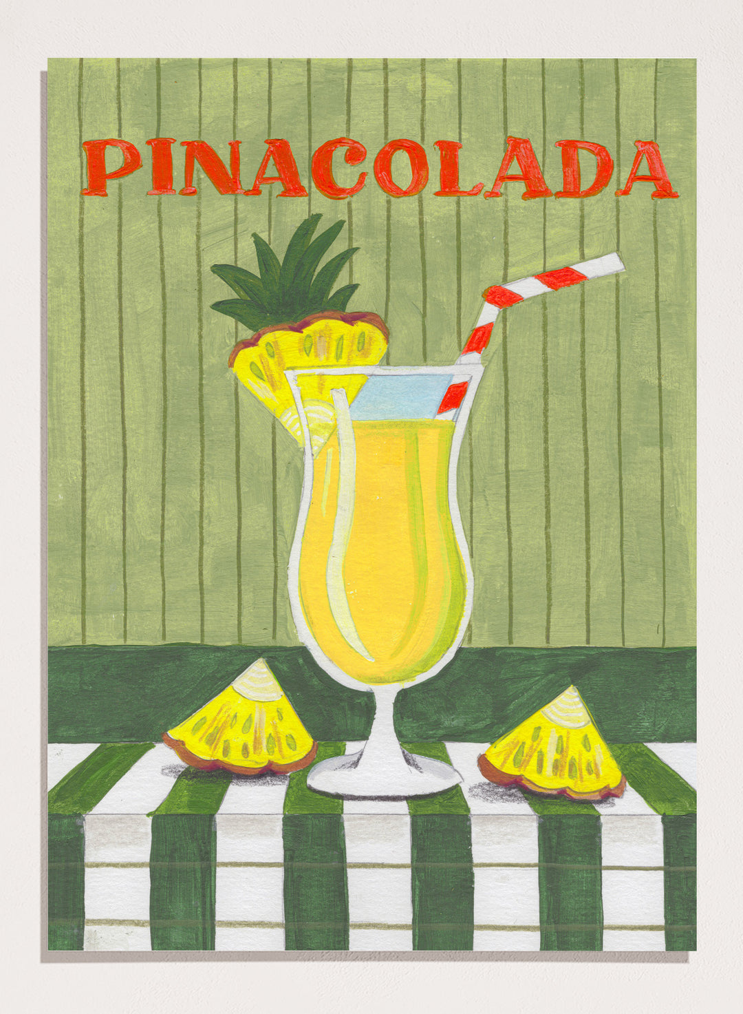 Illustration of a pina colada drink with pineapple slices on a checkered tablecloth. Piña Colada Summer Drink by Caroline Bonne Müller is a fine art print and wall poster of a pineapple cocktail with striped straw and green table setting.