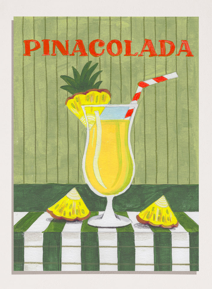 Illustration of a pina colada drink with pineapple slices on a checkered tablecloth. Piña Colada Summer Drink by Caroline Bonne Müller is a fine art print and wall poster of a pineapple cocktail with striped straw and green table setting.