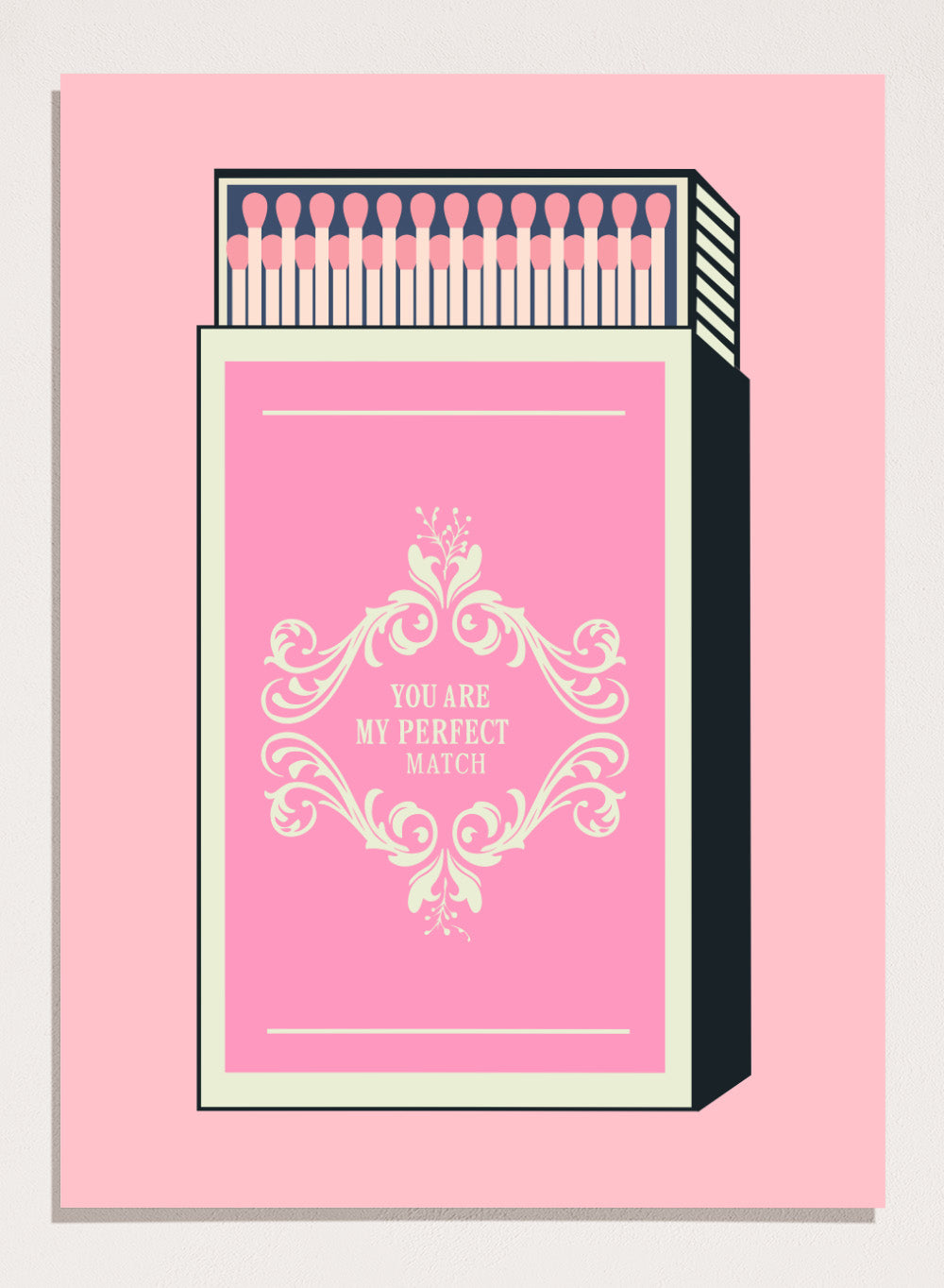 Matchbox with decorative design and text on a pink background. My Perfect Match by Andreas Magnusson is an officially licensed art print featuring a pink matchbox and playful typography. Modern graphic love poster.