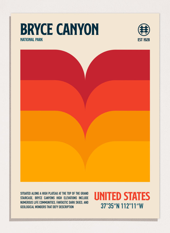A retro-style poster for Bryce Canyon National Park with a cream background, a large abstract canyon landscape graphic in red, orange, and yellow, and text reading &