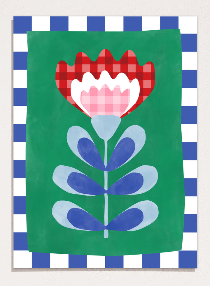 Shop Gingham Folk Flower by Elena Ristova, a colorful floral wall art print poster featuring gingham petals, checkerboard borders, and bold green, red, blue, and pink.