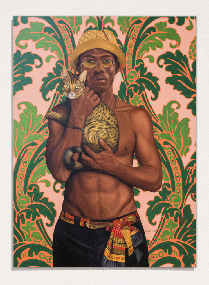 Shop Confident Man With Cat by Damilare Jamiu, a contemporary portrait art print featuring a stylish man, spotted cat, patterned details, and green and coral tones.