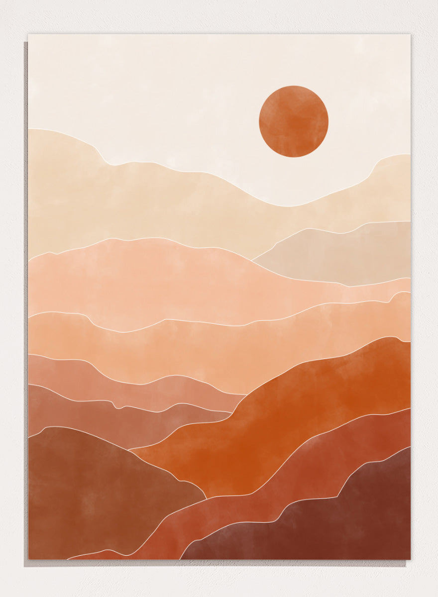 Shop Warm Desert Layers by Elena Ristova, a modern desert wall art print poster featuring layered hills, a terracotta sun, and warm peach, rust, and brown tones.