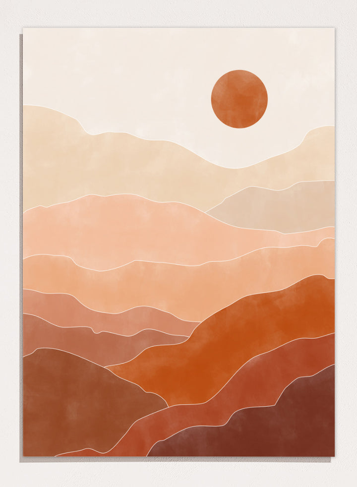 Shop Warm Desert Layers by Elena Ristova, a modern desert wall art print poster featuring layered hills, a terracotta sun, and warm peach, rust, and brown tones.
