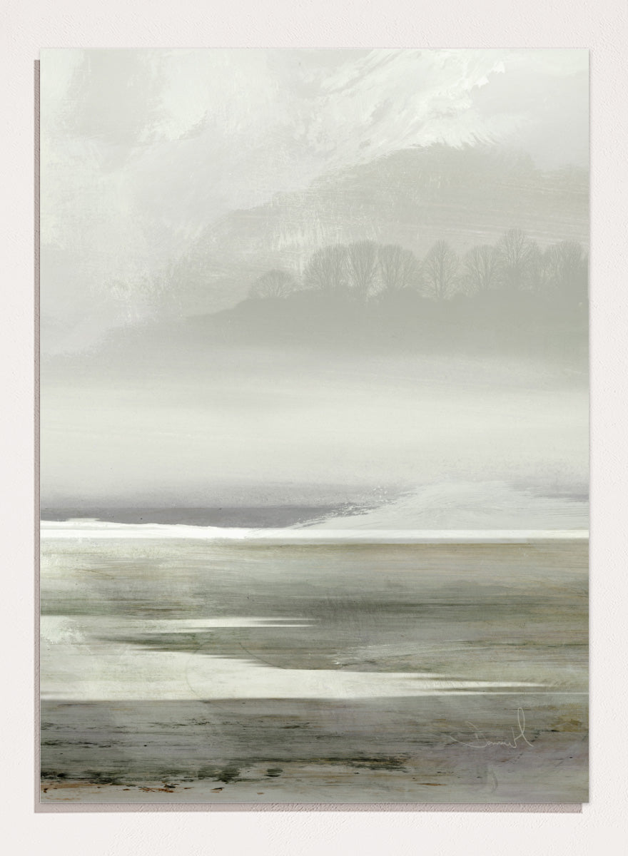 Shop Lakes No. 2 by Dan Hobday, a soft landscape art print featuring misty water, distant hills, bare trees, muted green tones, and layered texture.