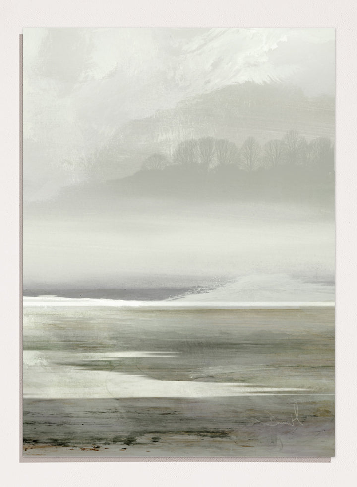 Shop Lakes No. 2 by Dan Hobday, a soft landscape art print featuring misty water, distant hills, bare trees, muted green tones, and layered texture.