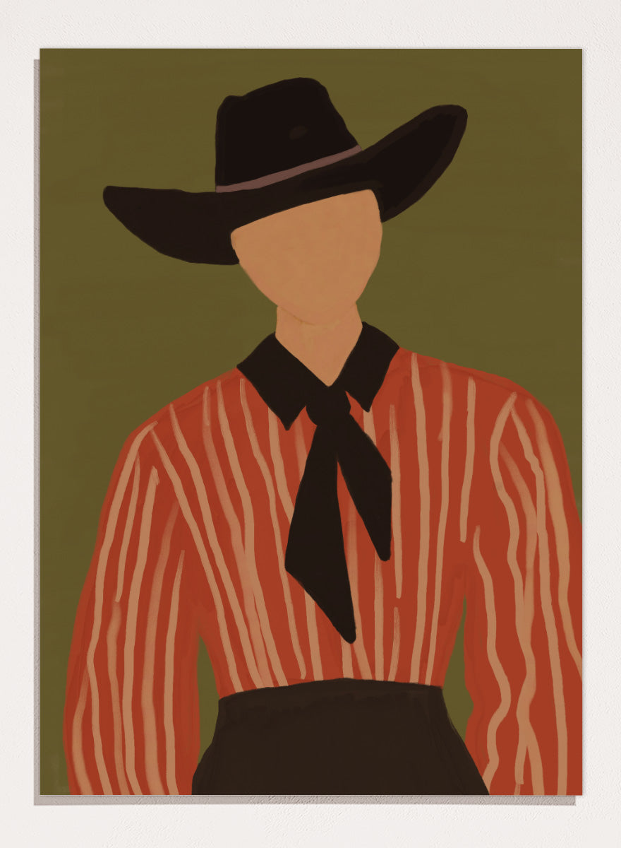 A stylized Western portrait painting of a person wearing a black cowboy hat, a red-orange and cream vertically striped shirt, and a black necktie against an olive green background. Modern Western Portrait by The Art Concept art print featuring a cowboy hat, striped rust shirt, neck scarf, and warm olive tones.