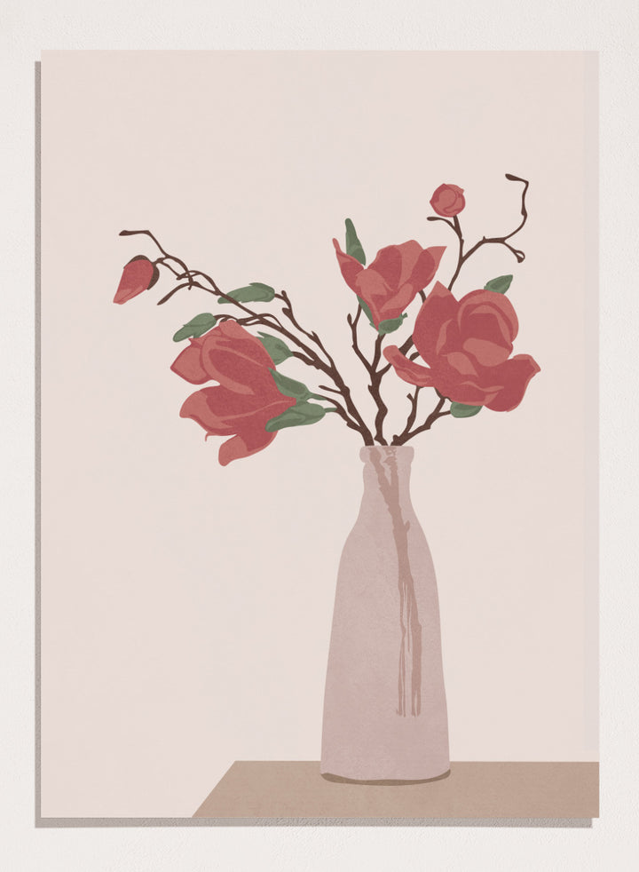 Vase with red flowers on a beige background. Vase by Flow Line is a modern still life art print featuring soft pink flowers in a ceramic vase. A warm, minimal wall poster from the It’s All Love collection.