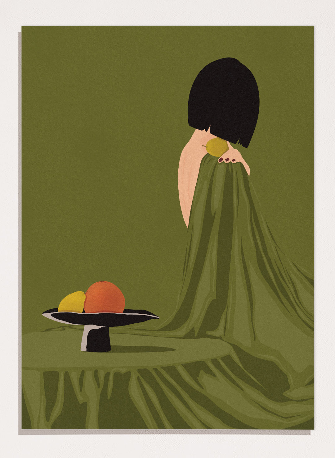 Green Dress Still Life by Lisa Solomoniuk premium framed fine art print featuring a woman, fruit, and flowing fabric in rich olive green tones.