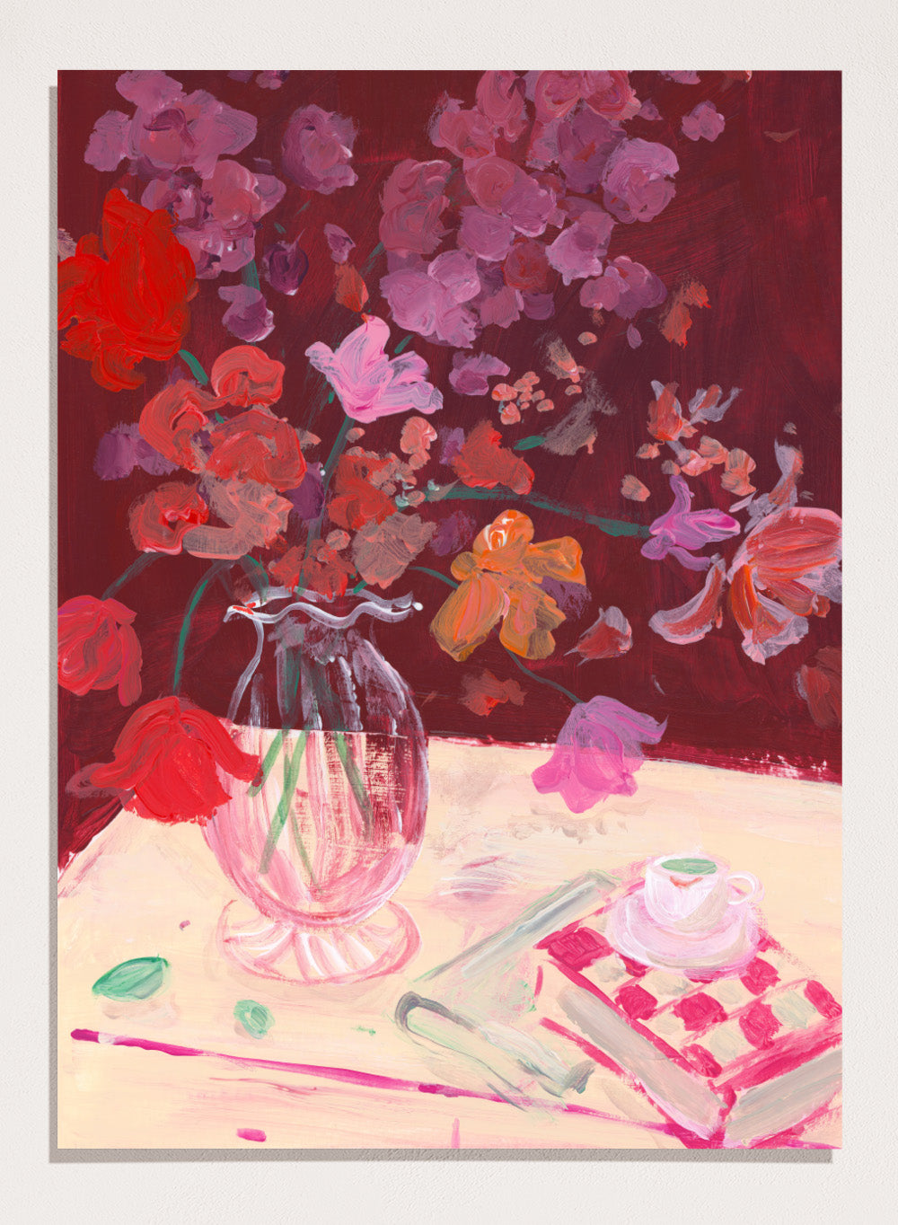 Colorful still life painting with flowers and a teacup on a table. Fall Bouquet by Katharina Puritscher art print featuring expressive floral still life, glass vase, coffee cup, book, and brushstrokes. Officially licensed wall poster.