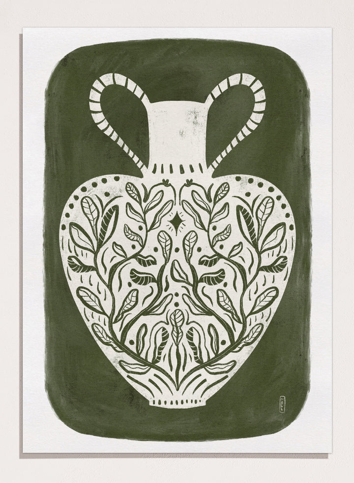 Botanical Folk Vase by Dirkie Nell is a modern folk art print featuring botanical vase illustration, olive green tones, and hand drawn Scandinavian inspired wall art.