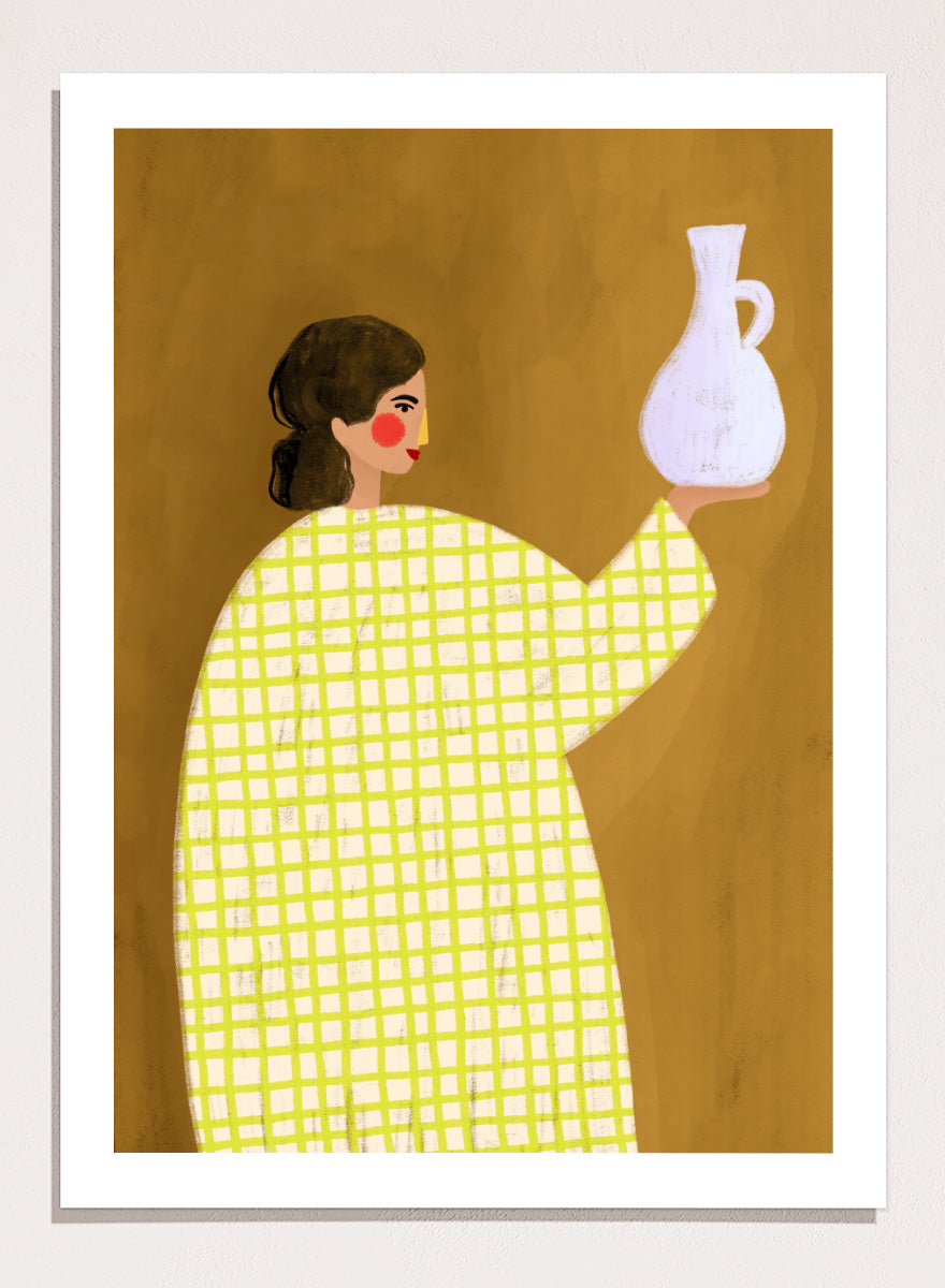 A framed art print featuring a stylized illustration of a woman in a yellow and white checkered dress holding a white jug against a warm brown background. Woman Holding Pottery by Bea Müller art print featuring a woman with a white ceramic jug, bold green checks, and warm mustard tones for modern decor.