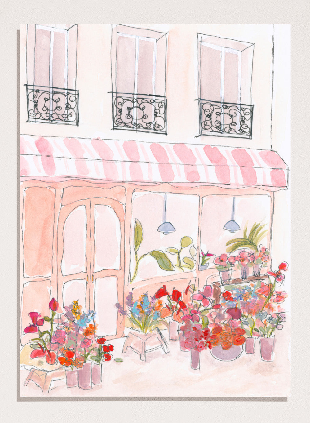 Illustration of a flower shop with a striped awning and flowers in front. Pink Flower Shop by Katharina Puritscher features a Paris-inspired storefront illustration with colorful bouquets, soft watercolor textures, and European street details. Floral art print with optional framing.