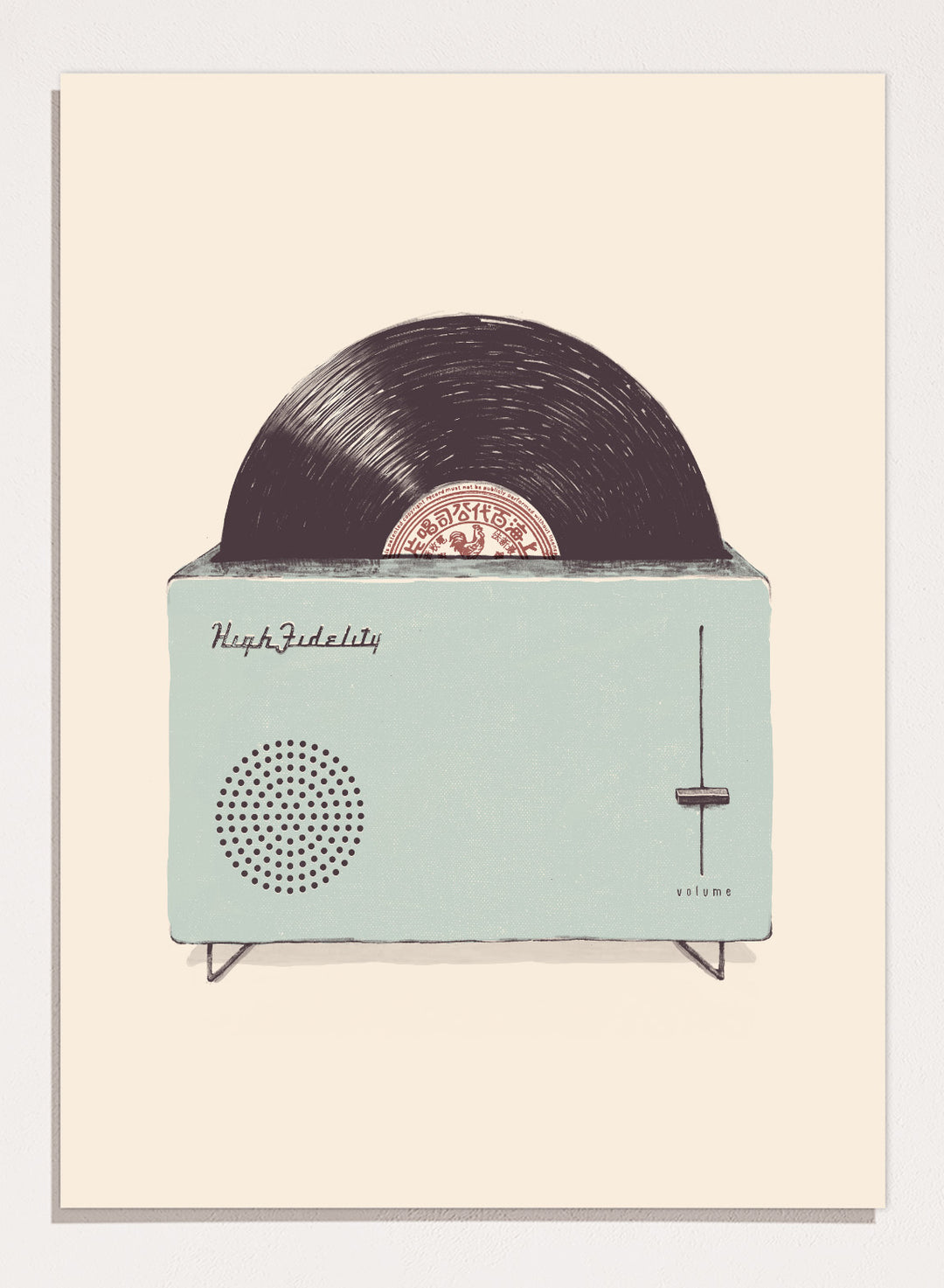 Vintage-style record player with vinyl record on a beige background. Retro Record Toaster by Florent Bodart is a playful vintage-inspired art print featuring a record player toaster, a modern retro wall poster with music theme.