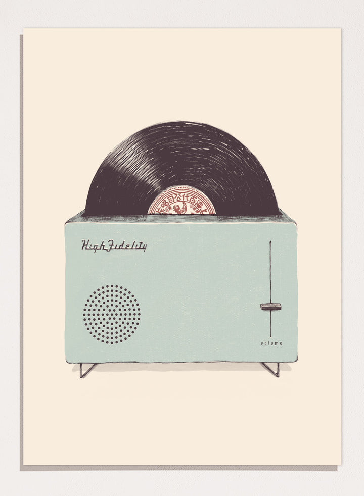 Vintage-style record player with vinyl record on a beige background. Retro Record Toaster by Florent Bodart is a playful vintage-inspired art print featuring a record player toaster, a modern retro wall poster with music theme.