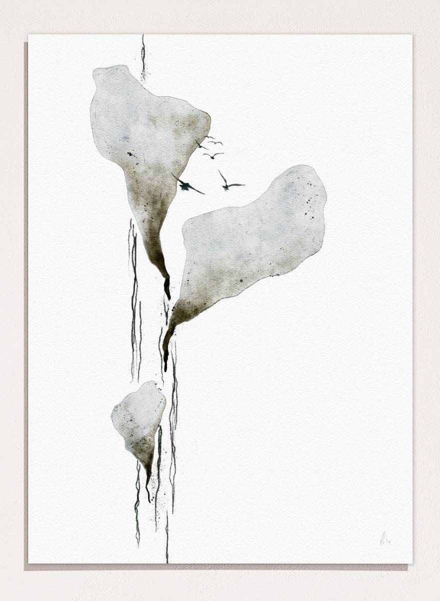 Abstract watercolor art print featuring three irregular, dripping white and gray forms on a white background, with small dark birds near the top. Shop Melting Ice And Birds by Ankie Kooi, a nature wall art print poster with abstract watercolor ice, flying birds, minimalist landscape art, blue, gray, and cream.