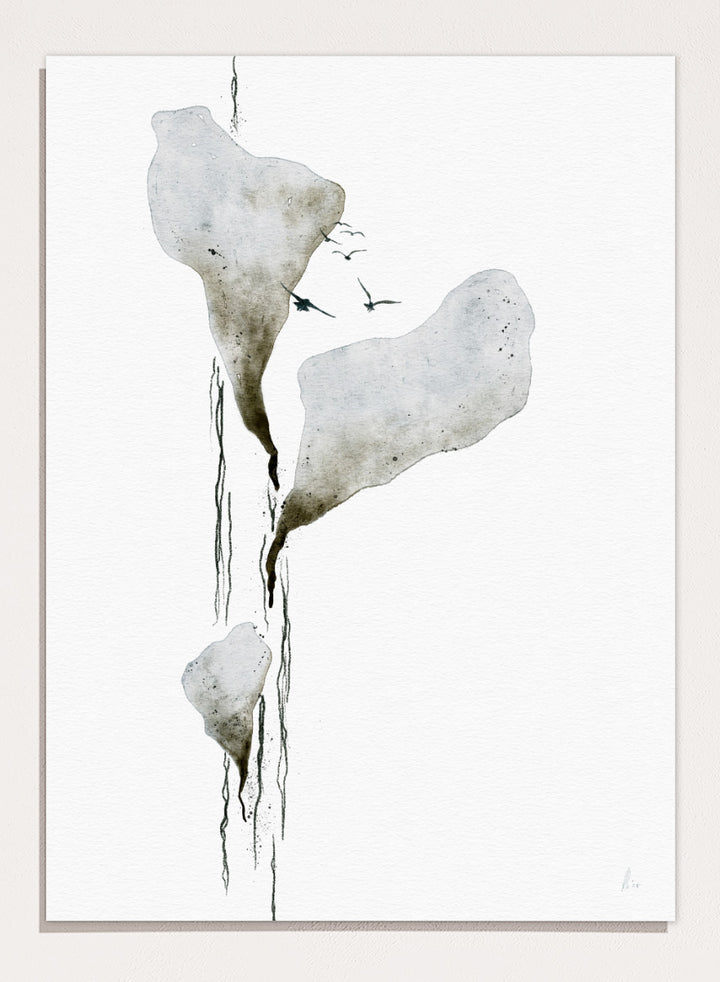 Abstract watercolor art print featuring three irregular, dripping white and gray forms on a white background, with small dark birds near the top. Shop Melting Ice And Birds by Ankie Kooi, a nature wall art print poster with abstract watercolor ice, flying birds, minimalist landscape art, blue, gray, and cream.