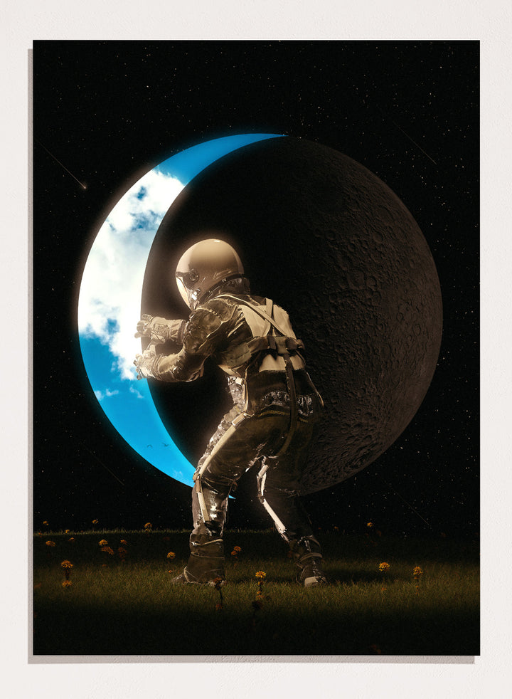 Astronaut standing on a moon-like surface with Earth visible through a crater. Astronaut Holding the Moon by Nicebleed is a surreal space art print featuring an astronaut pushing a crescent moon, modern aesthetic wall poster.